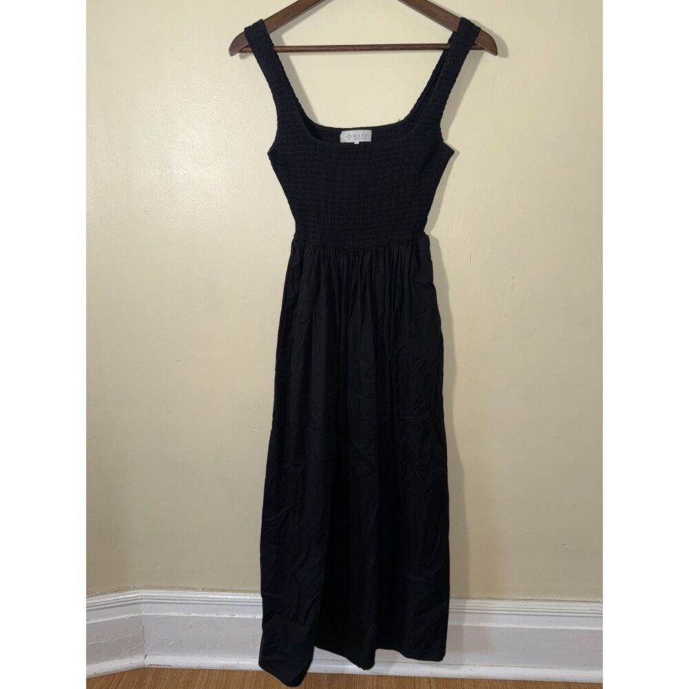 WAYF Smocked Bodice Square Neck Midi Dress Black Pockets Size S